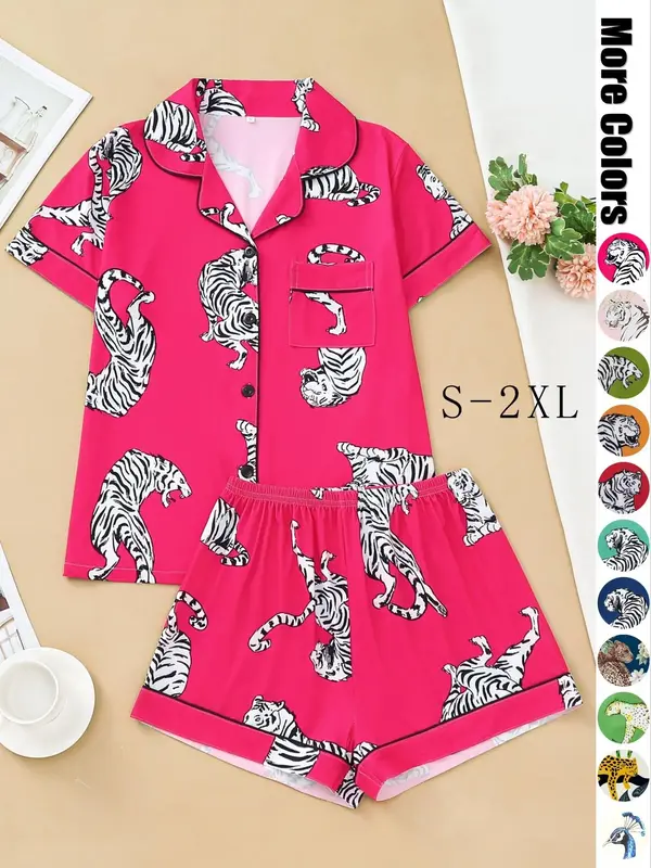Women's Tiger Print Pocket Pyjama Set, Soft Lapel Collar Short Sleeve Top & Shorts PJ Set, Women's Sleepwear, Summer Outfits ...