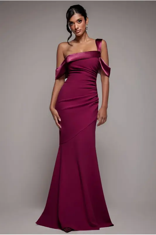Goddiva One Shoulder Satin Band Maxi Dress - Burgundy