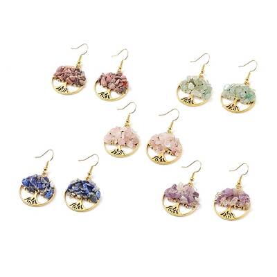 Natural Gemstone Chips Tree of Life Dangle Earrings