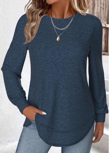 Modlily Peacock Blue Curved Hem Long Sleeve T Shirt - M