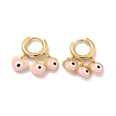 Enamel Heart with Evil Eye Dangle Hoop Earrings