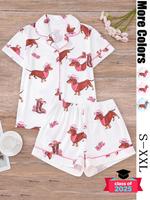 Women's All Over Dachshund Print Shirt & Elastic Waist Shorts Pyjama Two-piece Set, Casual Comfy Shortsleeve Collared Top & S...
