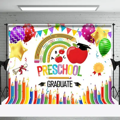 Crayon Apple Tools Rainbow Preschool Grad Backdrop - Aperturee