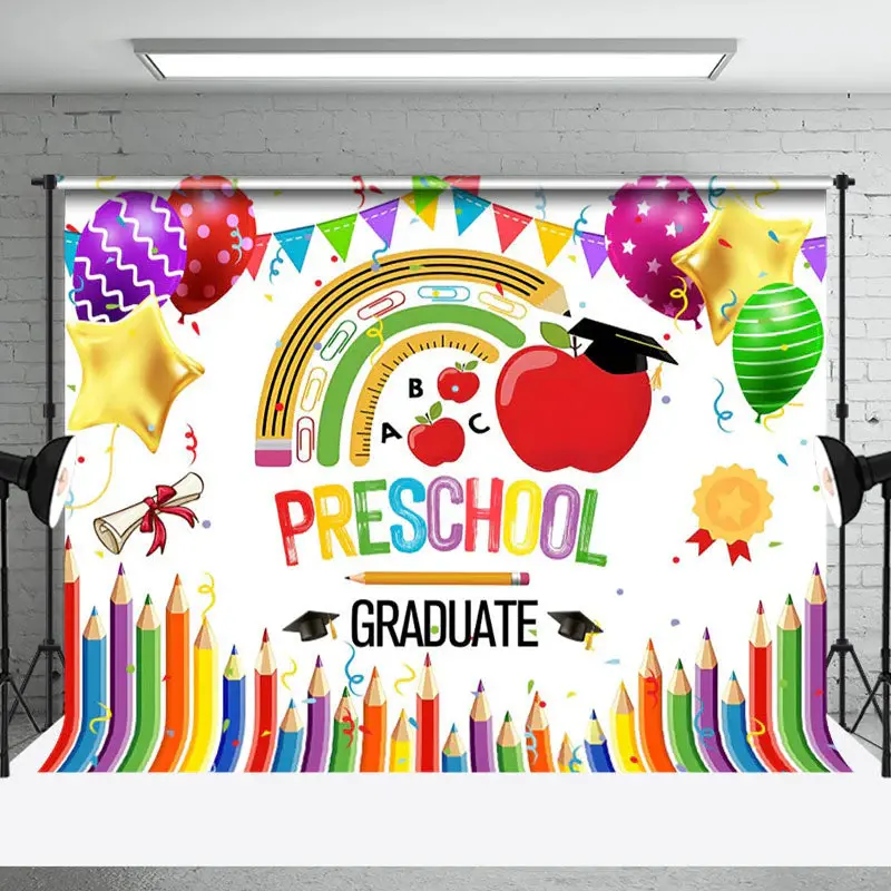 Crayon Apple Tools Rainbow Preschool Grad Backdrop - Aperturee
