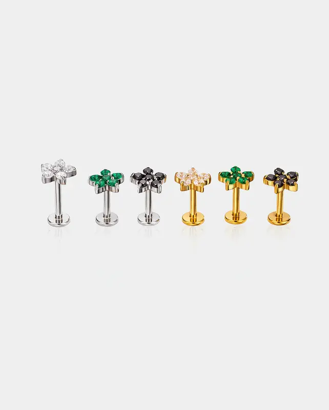 Flower Threadless Push Pin Helix Stud - Gold / Clear