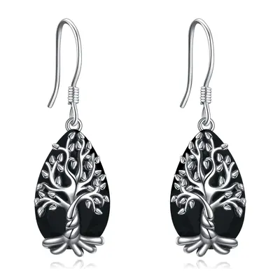 Sterling Silver Pear Shaped Obsidian Tree Of Life Drop Earrings