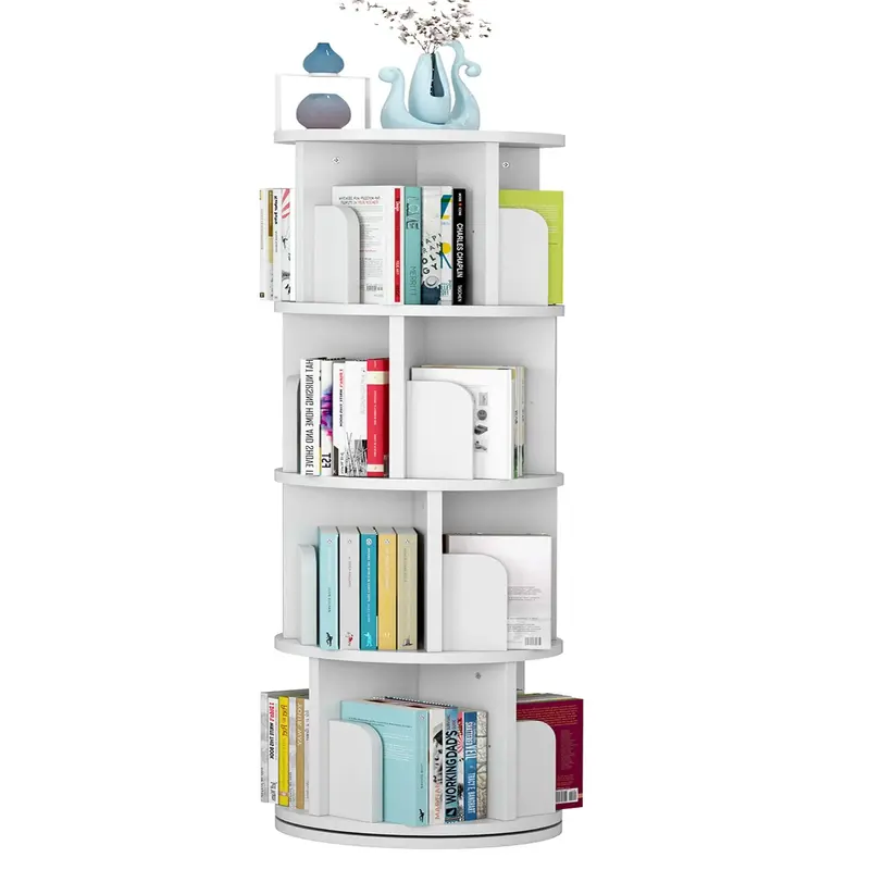 Garvee Rotating Bookshelf, 51.2 White Wood Bookcase for Kids and Adults, 360 Display 4 Tier Small Corner Book Shelf Organiz...