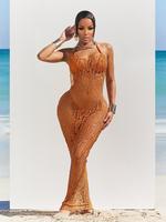 Three-piece Set Women's Solid Color Crochet Bathing Suit Set, Casual Hollow Out Sleeveless Cover Up Dress & Bikini Set, Ladie...
