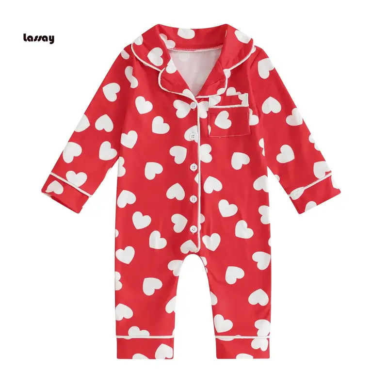 Baby Boys Girls Pajamas Jumpsuits Long Sleeve Lapel Collar Heart Print Button Up Rompers Newborn Clothes