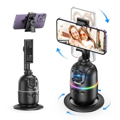 Auto Face Tracking Tripod, Rechargeable 360° Rotatable Phone Camera Stand with Gesture Control & Colorful Light Ring, Smart ...