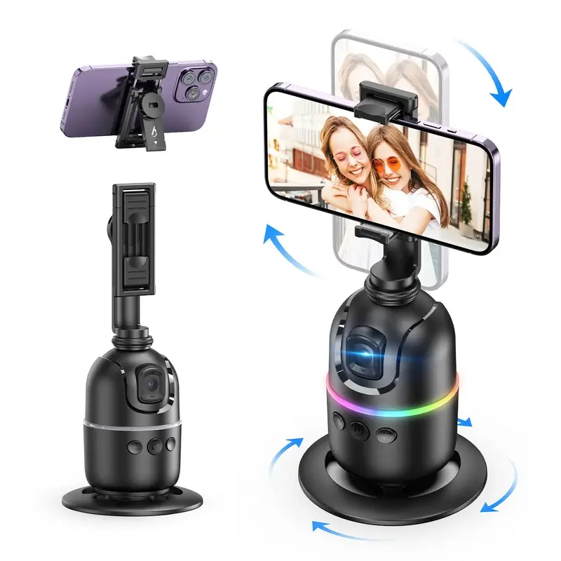 Auto Face Tracking Tripod, Rechargeable 360° Rotatable Phone Camera Stand with Gesture Control & Colorful Light Ring, Smart ...