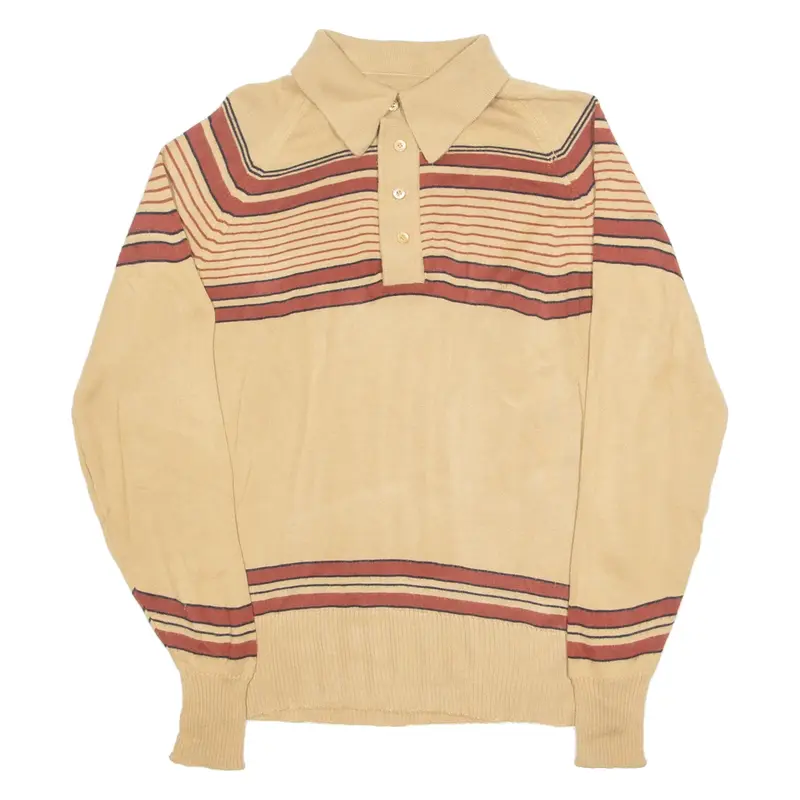 Lightweight Mens Patterned Jumper Brown Striped Collared 90s M