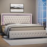 AMERLIFE LED Bed Frame with Led Lights Adjustable Headboard Velvet Button Tufted/Acrylic Mirror Accents, No Box Spring Needed...