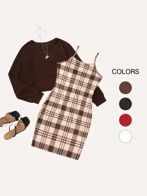 Two-Piece Set Women's Slim Fit Long Sleeve Cropped Top Sweatshirt & Plaid Cami Dress Matching Set Without Necklace, Trendy Ca...