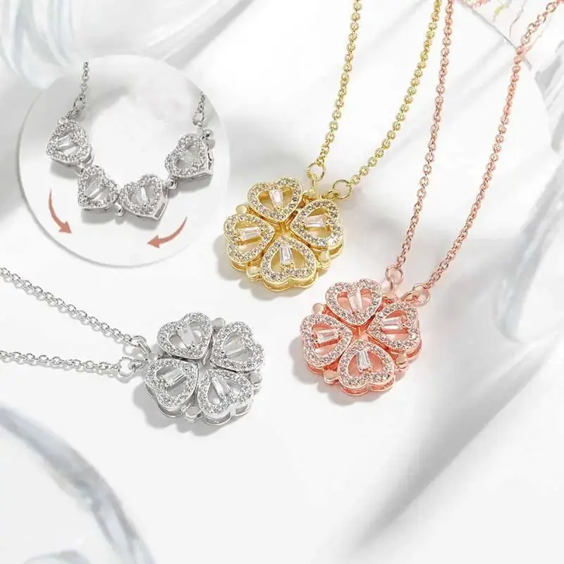 S925 sterling silver 2 in 1 Four Leaf Clover Charm Lucky  magnetic Necklace Heart Zircon Pendant Necklace Link Mother's Day J...