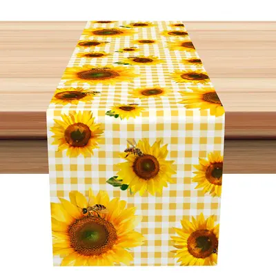 Yellow White Checkred Plaid Sunflower Bee Table Runner - Aperturee