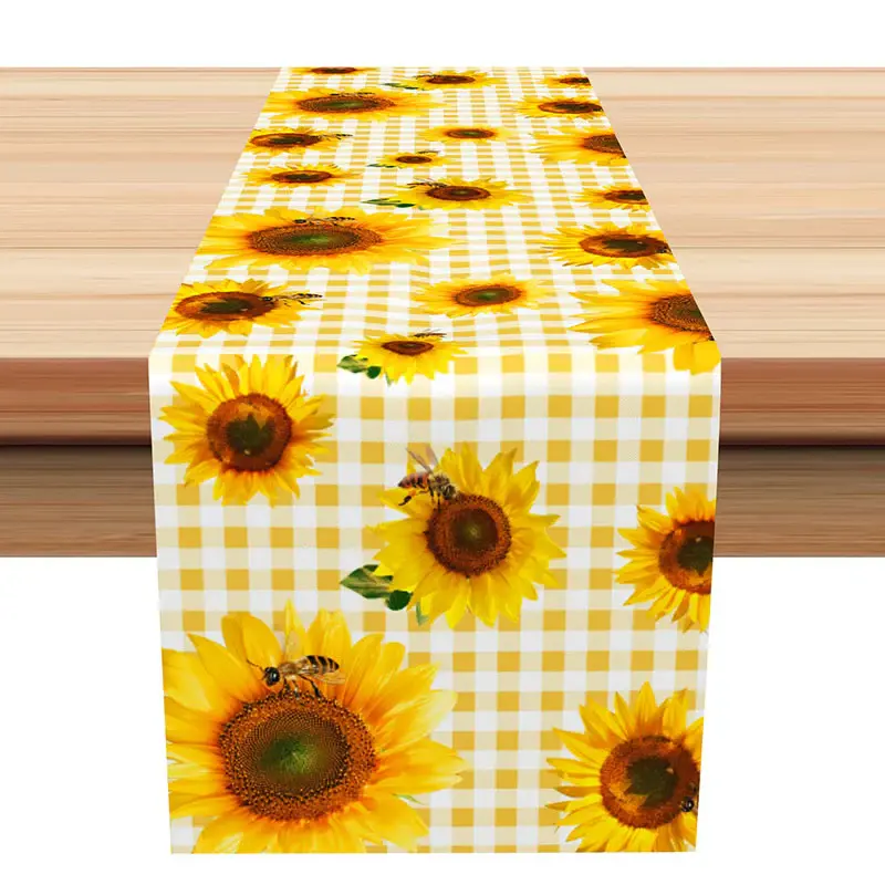 Yellow White Checkred Plaid Sunflower Bee Table Runner - Aperturee