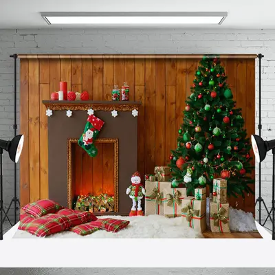 Aperturee Brown Wood Wall Fireplace Indoor Christmas Backdrop - Aperturee