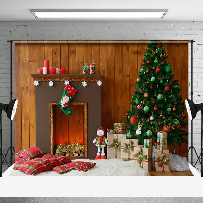 Aperturee Brown Wood Wall Fireplace Indoor Christmas Backdrop - Aperturee