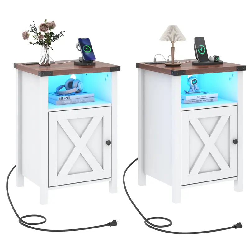 Farmhouse LED Nightstand Set of 2 with Charging Station, Rustic End Table with Barn Door & Storage Shelf, Bedside Table for B...