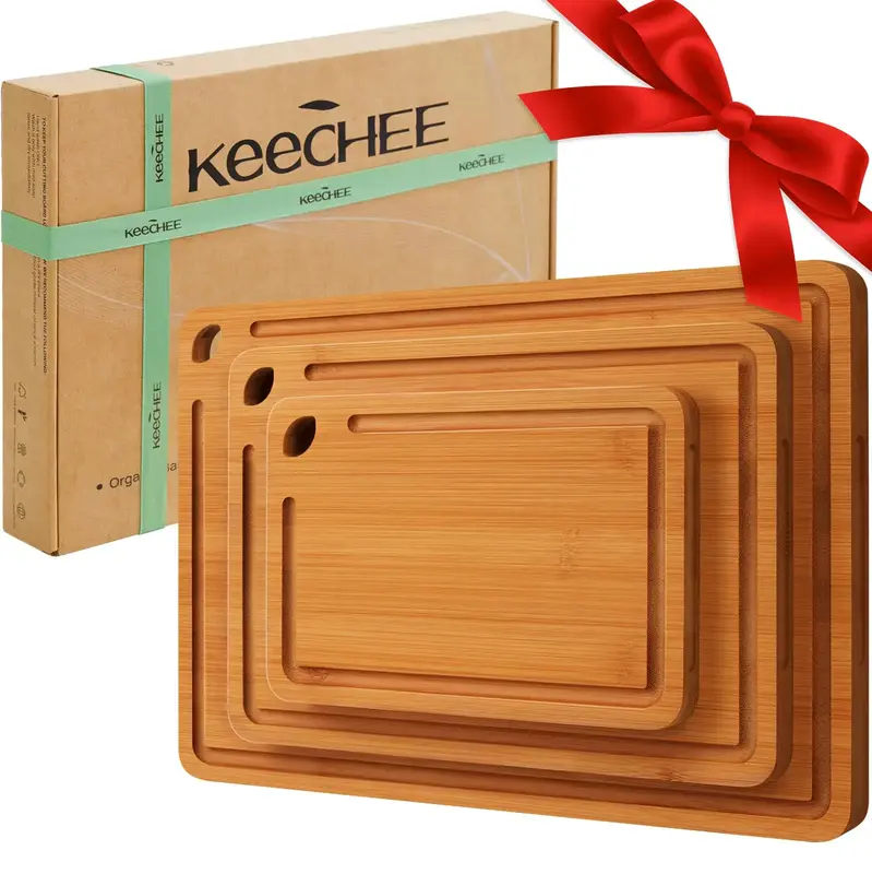 Premium Bamboo Cutting Board Set of 3 - Extra Thick Wood Boards with Juice Grooves & Easy Grip Handles | Ideal for Meat, Vege...