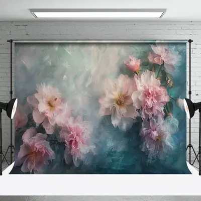 Dirty Blue Abstract Pink Flower Fine Art Backdrop