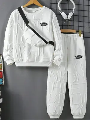 Three-piece Set Boy's Letter Embossed Sweatshirt & Elastic Waist Sweatpants & Sling Bag Set, Casual Long Sleeve Round Neck Pu...