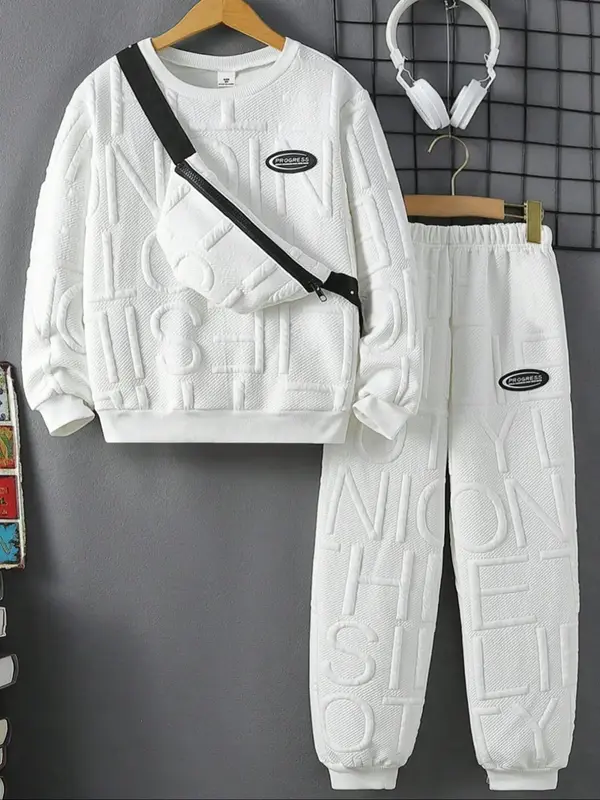 Three-piece Set Boy's Letter Embossed Sweatshirt & Elastic Waist Sweatpants & Sling Bag Set, Casual Long Sleeve Round Neck Pu...