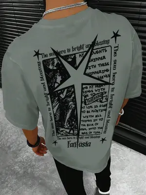 Unisex Loose Graphic Round Neck Tee, Men's Star & Cross Print Short Sleeve T-Shirt for Summer, Casual Men's Top for Daily We...