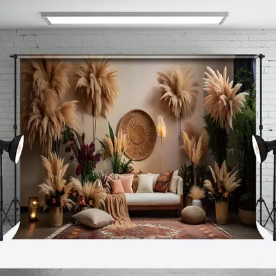 Aperturee Indoor Living Room Boho Hay Floral Sofa Backdrop