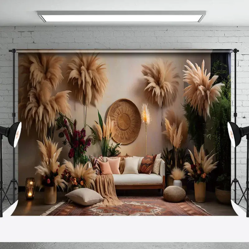 Aperturee Indoor Living Room Boho Hay Floral Sofa Backdrop