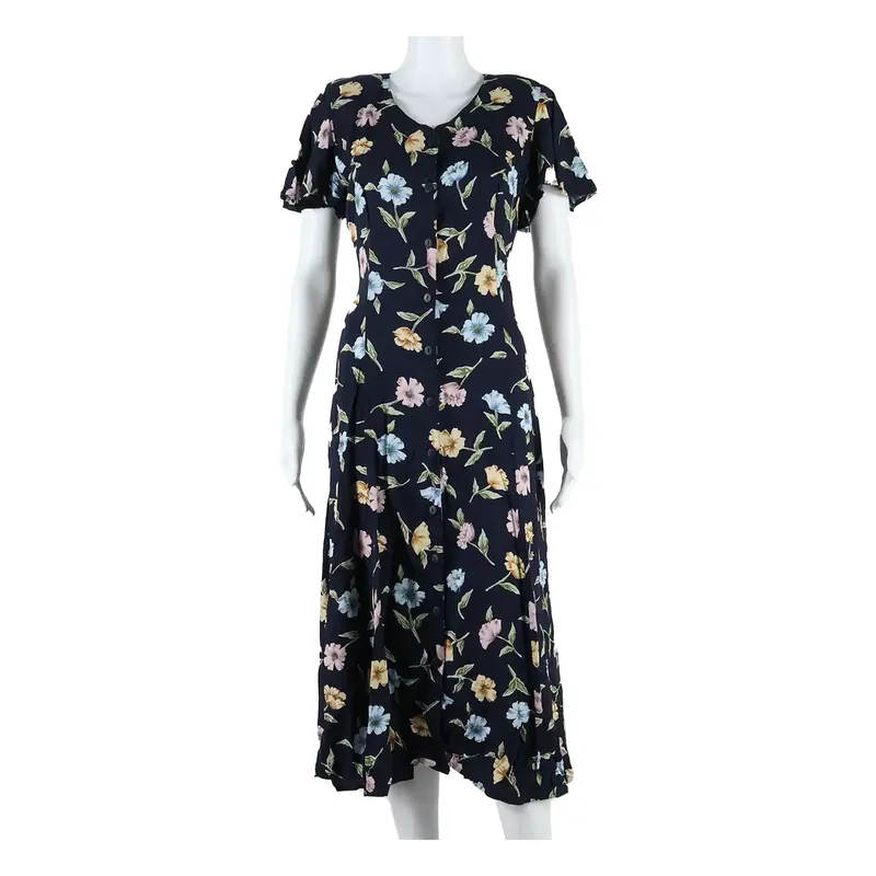 Womens Tea Dress Blue Floral Short Sleeve Midi S