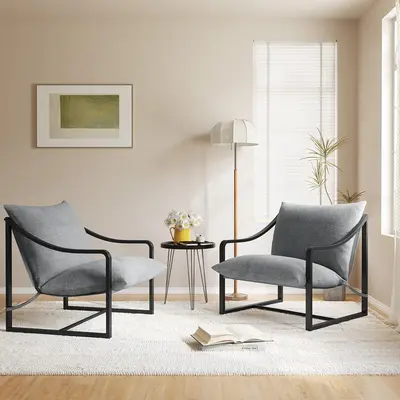 Garvee Accent Chairs Set of 2, Metal Frame Living Room Chairs with SOFE Cushion, Comfy Chair for Bedroom, Grey Sling Accent C...