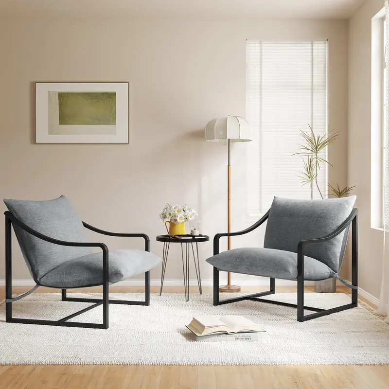 Garvee Accent Chairs Set of 2, Metal Frame Living Room Chairs with SOFE Cushion, Comfy Chair for Bedroom, Grey Sling Accent C...