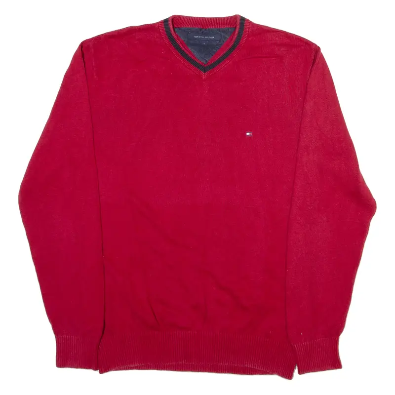 TOMMY HILFIGER Mens Jumper Red V-Neck Tight Knit L