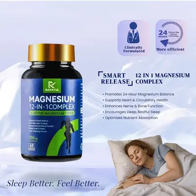 12 Essential Magnesium Complex 700mg, Support Better Sleep & Stress Relief, Heart & Bone Support, High Absorption Formula, Ch...