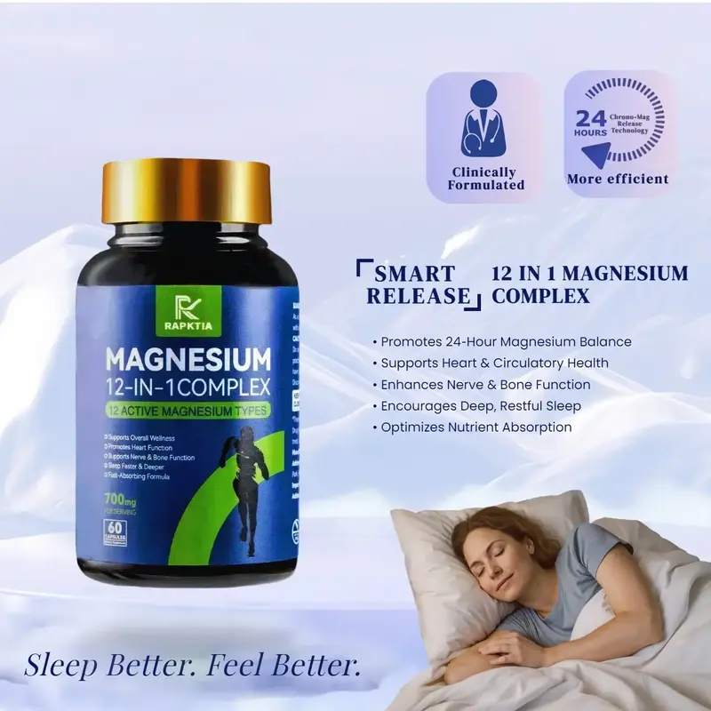 12 Essential Magnesium Complex 700mg, Support Better Sleep & Stress Relief, Heart & Bone Support, High Absorption Formula, Ch...