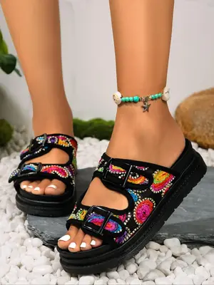 Women's Colorblock Hollow Out Buckle Decor Platform Sandals, Casual Slide Sandals for Summer, Boho Style Beach Women Girls Ba...