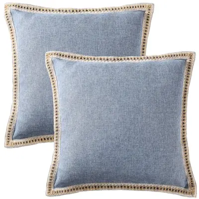 HIG Decorative Throw Pillow Covers Pack of 2, Farmhouse Burlap Trimmed Pillow Cases, Rustic Linen-Like Cushion Cover with Zip...