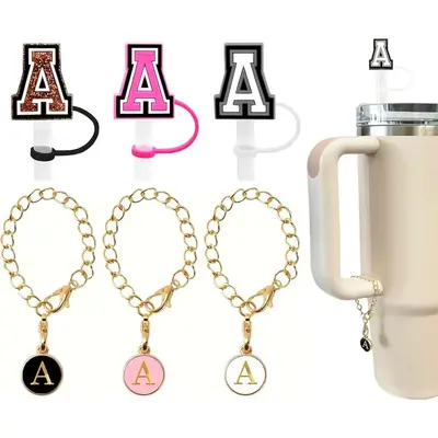 Initial Letter Design Cute Chain Charm and Straw Cover Cap Set, Including 3 Counts Initial Letter Charm & 3 Counts Straw Top ...