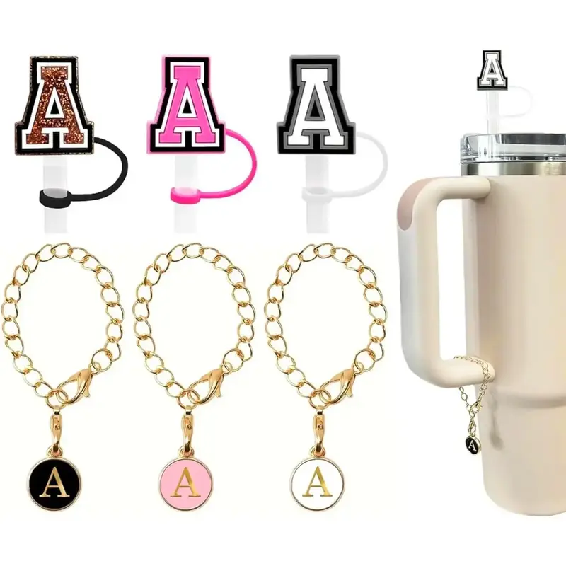 Initial Letter Design Cute Chain Charm and Straw Cover Cap Set, Including 3 Counts Initial Letter Charm & 3 Counts Straw Top ...