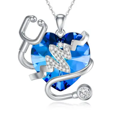 Sterling Silver Heart & Stethoscope Crystal Pendant Necklace