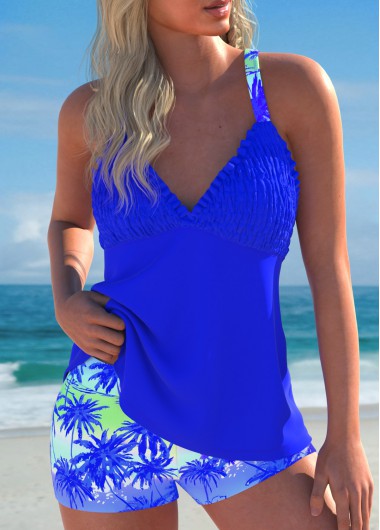 Modlily Smocked Tropical Plants Print Royal Blue Tankini Set - M