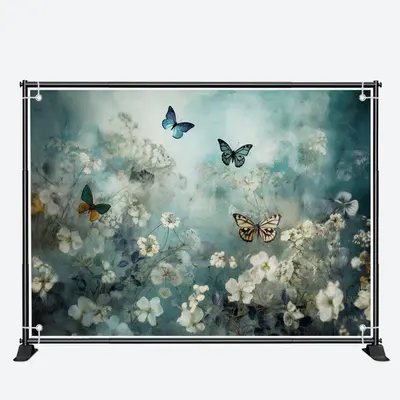 Elegant Butterflies Floral Blue Birthday Backdrop - Aperturee