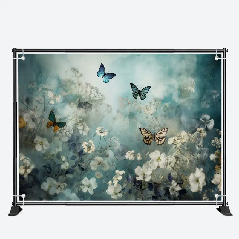Elegant Butterflies Floral Blue Birthday Backdrop - Aperturee
