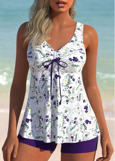 Modlily Ruched Floral Print Purple Tankini Set - M