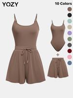 YOZY Adjustable Strap Cami Bodysuit & Drawstring Wide Leg Shorts Set/ Casual Round Neck Sphaghetti Strap Bodysuit & Elastic S...