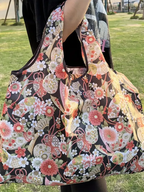 Floral Pattern Large Capacity Shopping Bag, Lightweight Foldable Shoulder Bag for Women & Men, Casual Trendy Versatile Shoppi...