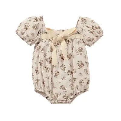 Baby Romper/ Dress, 0-24 Months Kids Flower Print Square Neck Short Sleeve Bodysuit/  for Summer