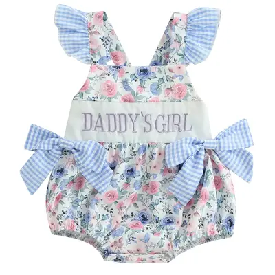 Newborn Baby Girl Cute Fathers Day Daddys Girl Outfit Fly Sleeve Flower Print Bow Romper Infant Bodysuit Summer Clothes